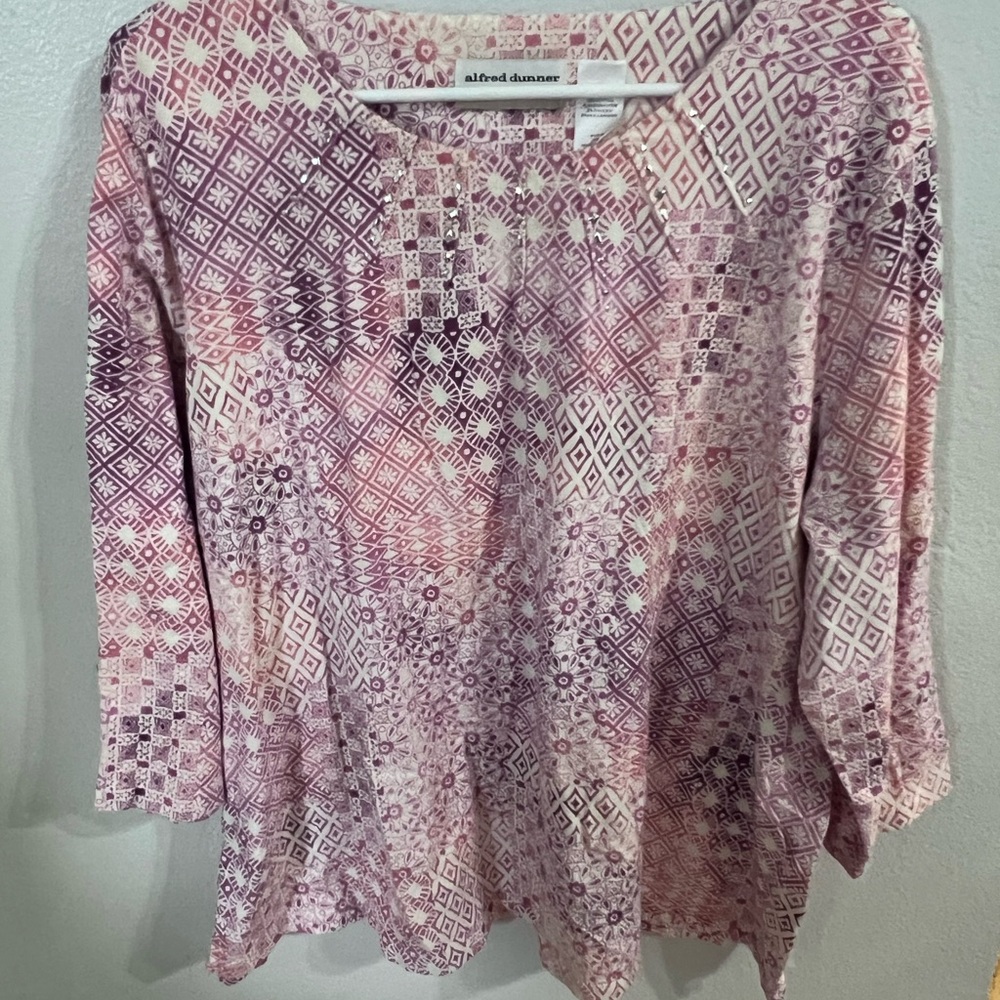Alfred Dunner Pink Red Boxy 3/4 Sleeve Blouse